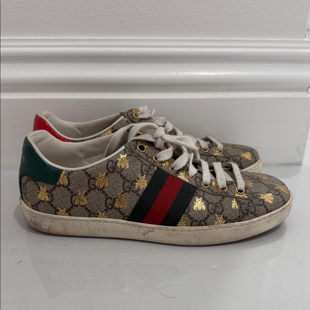Gucci Brown GG Bee Sneaker with Red & Green Web Stripe